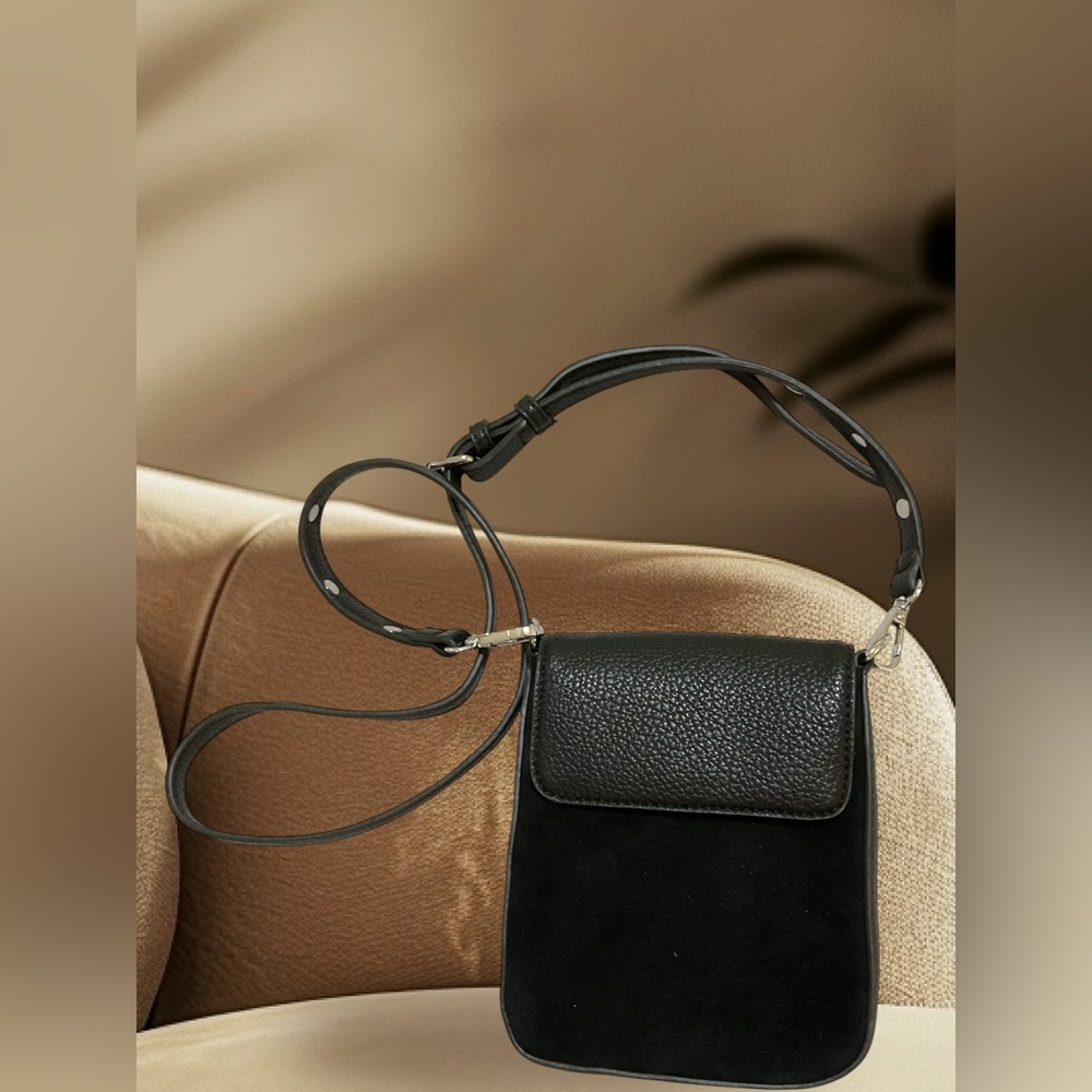 Madison West Black Suede and Faux Leather Small Crossbody Bag